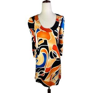 Karlie dress women’s Small orange black white geometric fit & flare 3/4 sleeve